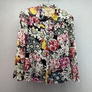 Burberry Silk Ruffle Blouse Sheer Floral Print Passion Flower Garden US 2